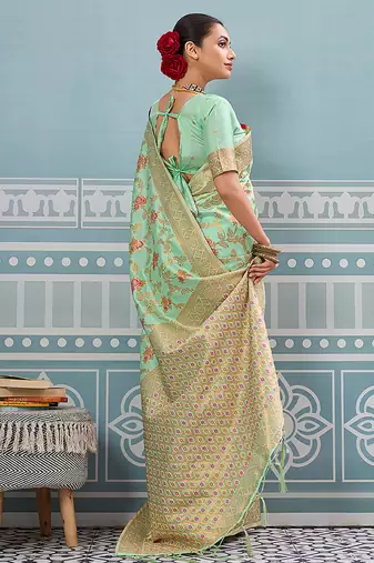 Mint green banarasi silk blend saree with rich gold zari floral weaving