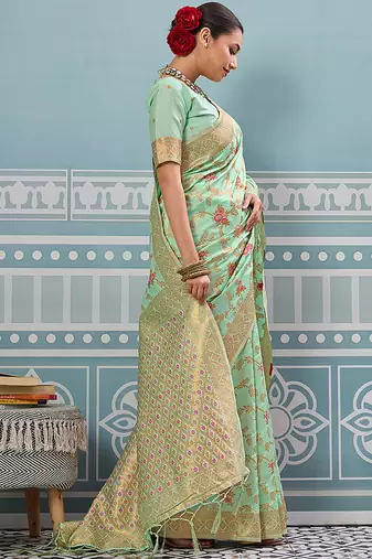 Mint green banarasi silk blend saree with rich gold zari floral weaving