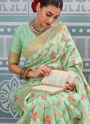 Mint green banarasi silk blend saree with rich gold zari floral weaving 4