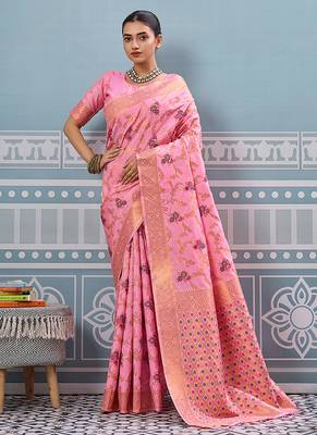 Baby pink banarasi silk blend saree with rich gold zari floral weaving 1