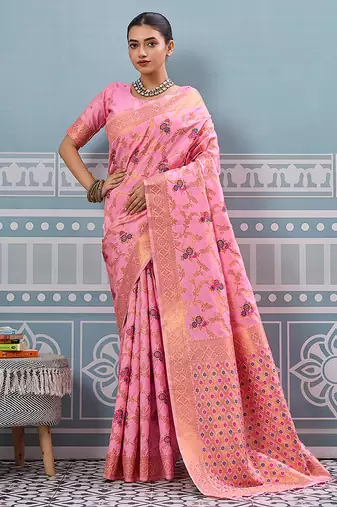 Baby pink banarasi silk blend saree with rich gold zari floral weaving