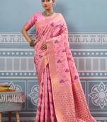 Baby pink banarasi silk blend saree with rich gold zari floral weaving