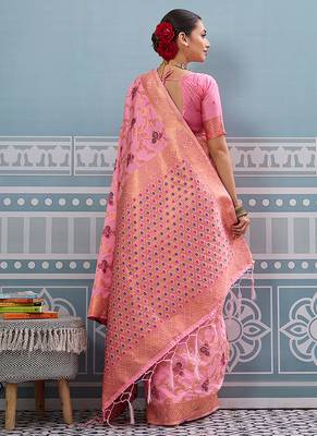 Baby pink banarasi silk blend saree with rich gold zari floral weaving 2