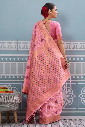 Baby pink banarasi silk blend saree with rich gold zari floral weaving