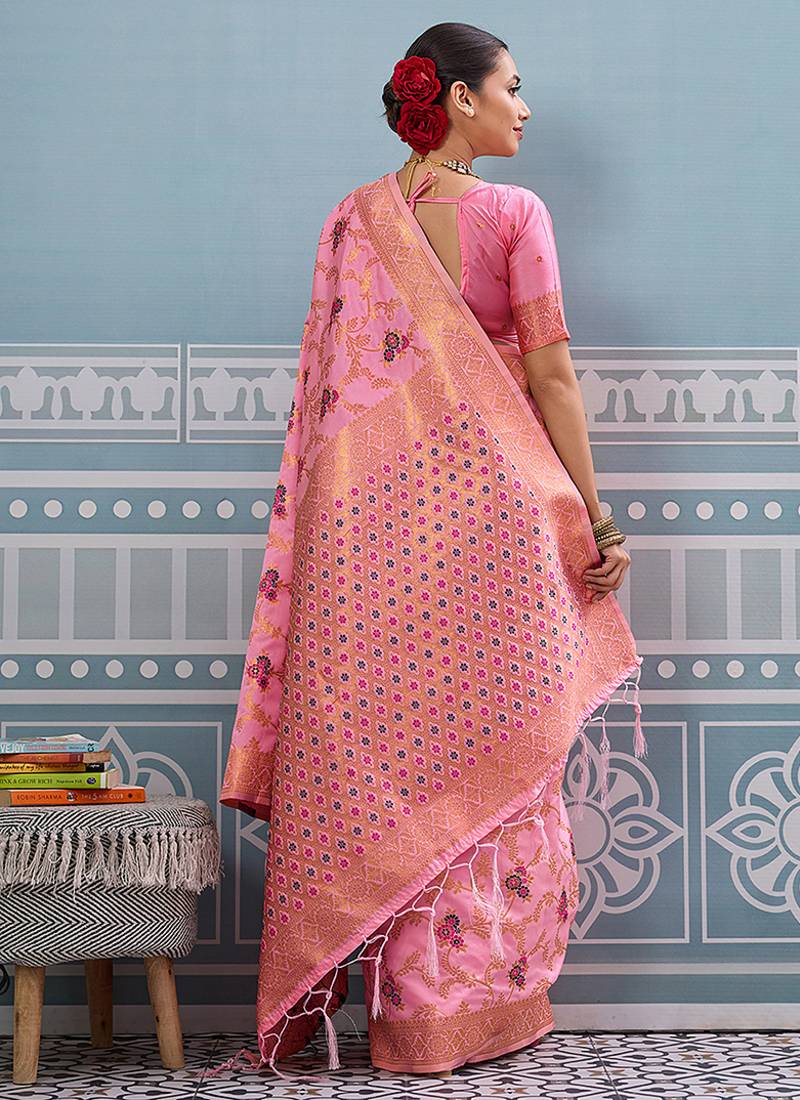 Baby pink banarasi silk blend saree with rich gold zari floral weaving