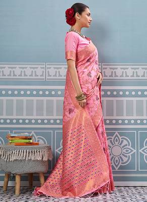 Baby pink banarasi silk blend saree with rich gold zari floral weaving 3