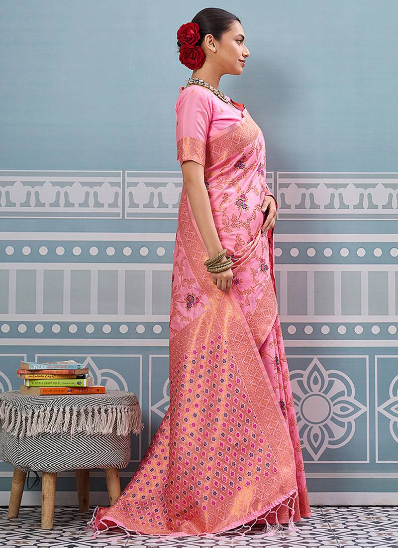 Baby pink banarasi silk blend saree with rich gold zari floral weaving