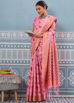 Baby pink banarasi silk blend saree with rich gold zari floral weaving 4