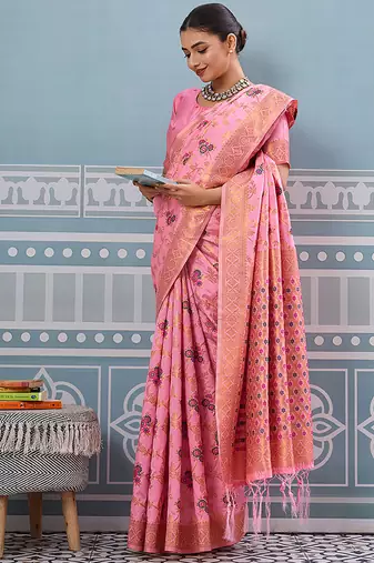 Baby pink banarasi silk blend saree with rich gold zari floral weaving