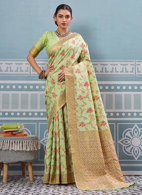 Light pistachio green banarasi silk blend saree with rich gold zari floral weaving 1