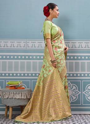Light pistachio green banarasi silk blend saree with rich gold zari floral weaving 3