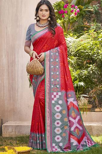 Red & grey silk blend woven design saree with blouse piece