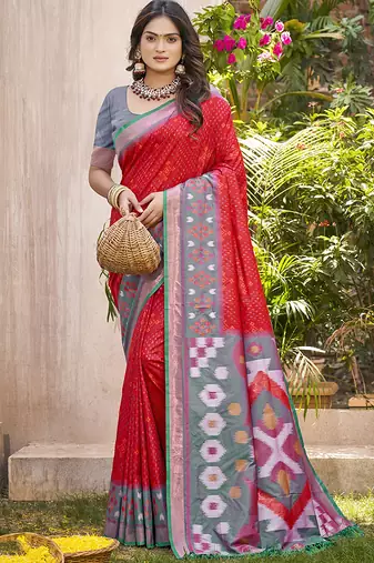 Red & grey silk blend woven design saree with blouse piece