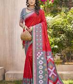 Red & grey silk blend woven design saree with blouse piece