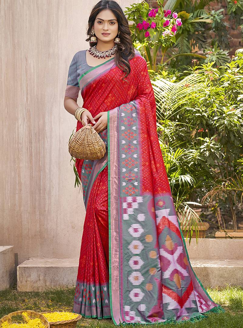 Red & grey silk blend woven design saree with blouse piece