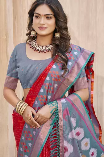 Red & grey silk blend woven design saree with blouse piece