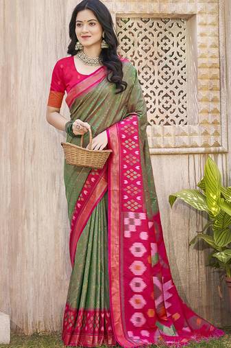 Olive green & pink silk blend woven design saree with blouse piece