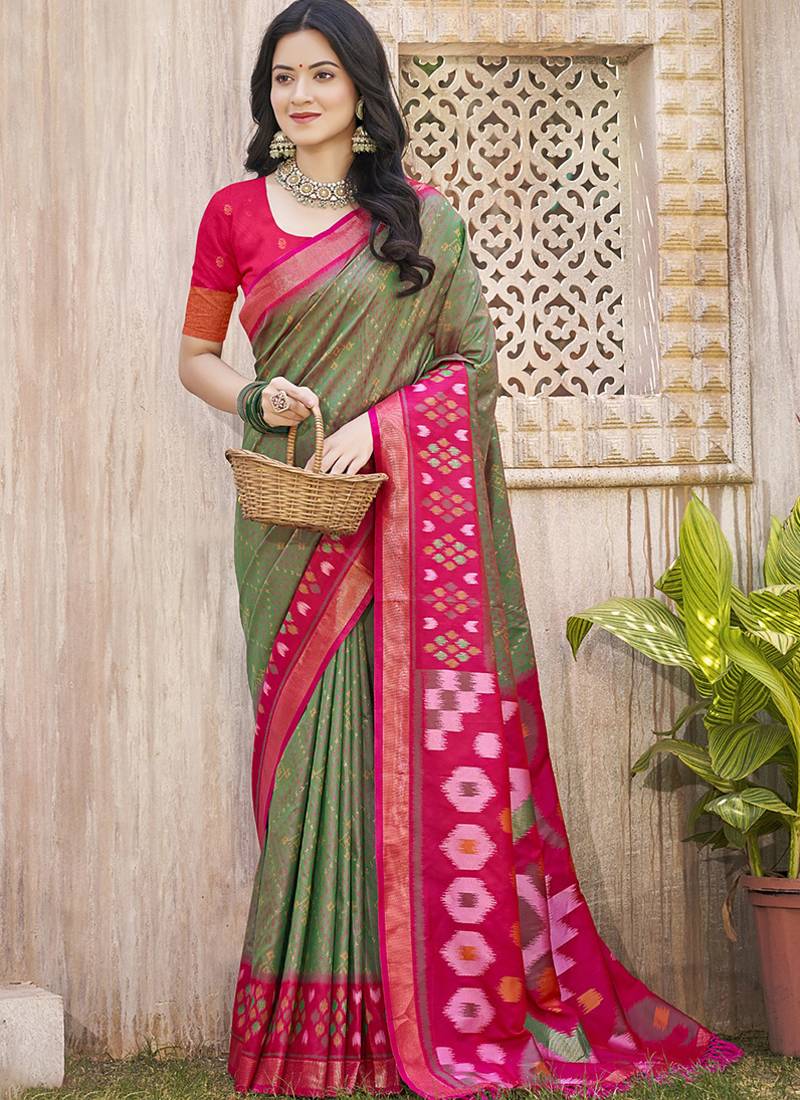 Olive green & pink silk blend woven design saree with blouse piece