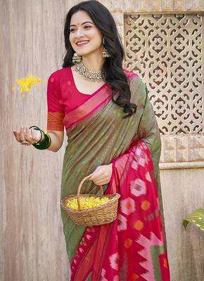 Olive green & pink silk blend woven design saree with blouse piece 2
