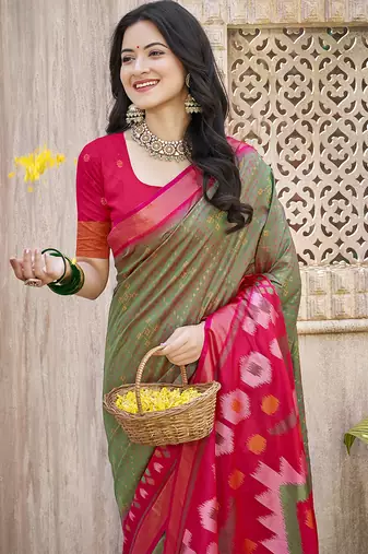 Olive green & pink silk blend woven design saree with blouse piece