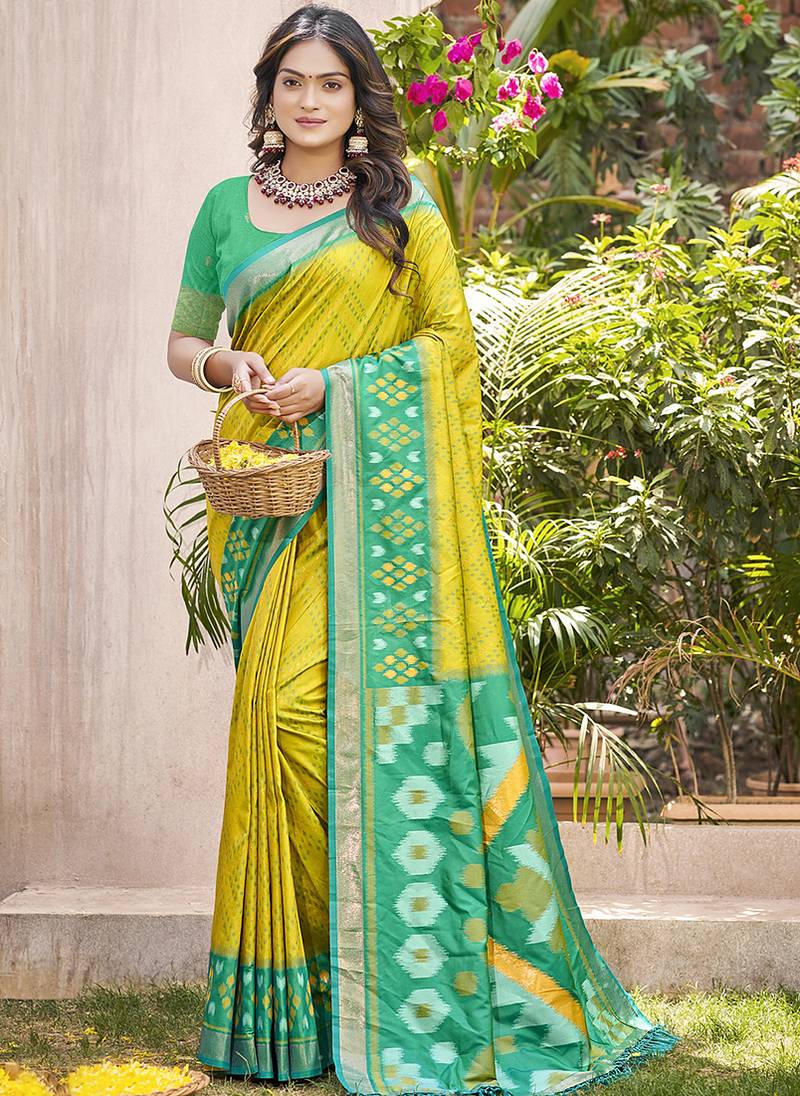 Mustard & green silk blend woven design saree with blouse piece