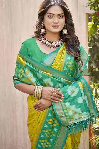 Mustard & green silk blend woven design saree with blouse piece