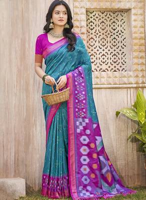 Teal & magenta silk blend woven design saree with blouse piece 1