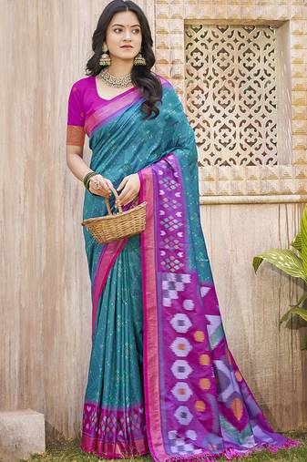 Teal & magenta silk blend woven design saree with blouse piece