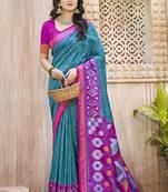 Teal & magenta silk blend woven design saree with blouse piece