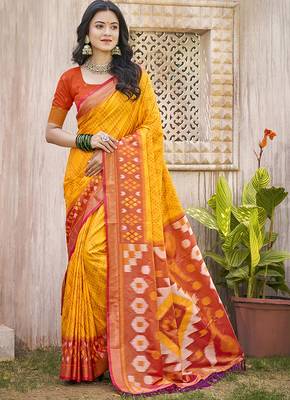 Mustard & rust orange silk blend woven design saree with blouse piece 1
