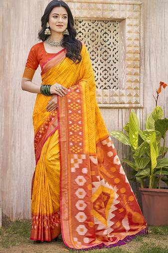 Mustard & rust orange silk blend woven design saree with blouse piece