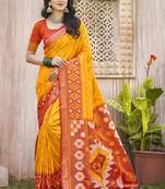 Mustard & rust orange silk blend woven design saree with blouse piece