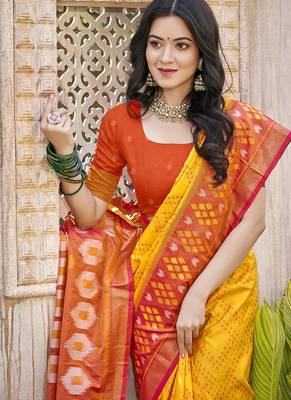 Mustard & rust orange silk blend woven design saree with blouse piece 2