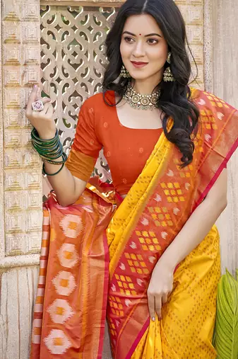 Mustard & rust orange silk blend woven design saree with blouse piece