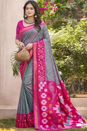 Grey & rani pink silk blend woven design saree with blouse piece