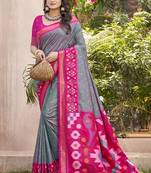 Grey & rani pink silk blend woven design saree with blouse piece
