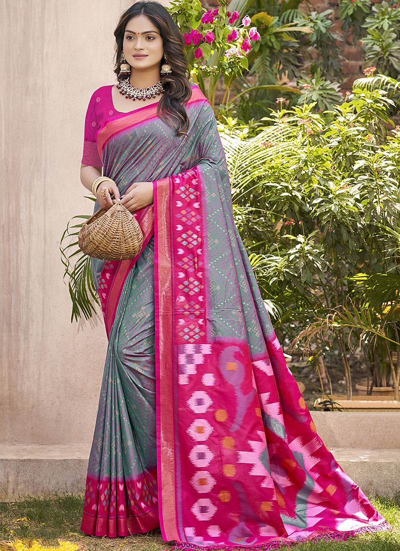 Grey & rani pink silk blend woven design saree with blouse piece