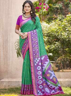 Green & violet silk blend woven design saree with blouse piece 1