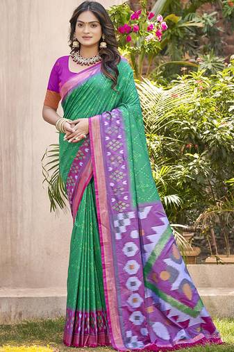 Green & violet silk blend woven design saree with blouse piece