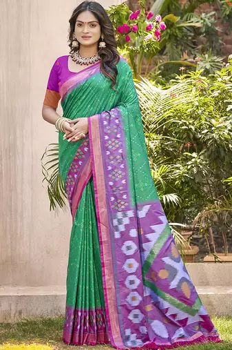 Green & violet silk blend woven design saree with blouse piece