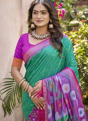 Green & violet silk blend woven design saree with blouse piece 2