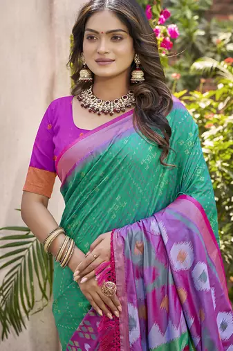 Green & violet silk blend woven design saree with blouse piece