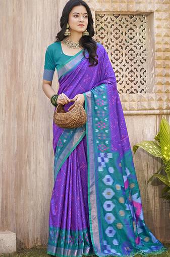Purple & teal silk blend woven design saree with blouse piece