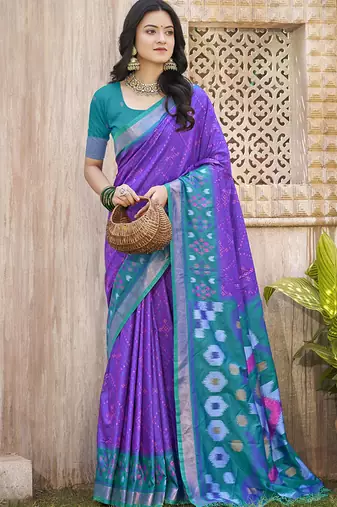 Purple & teal silk blend woven design saree with blouse piece