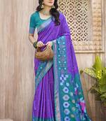 Purple & teal silk blend woven design saree with blouse piece
