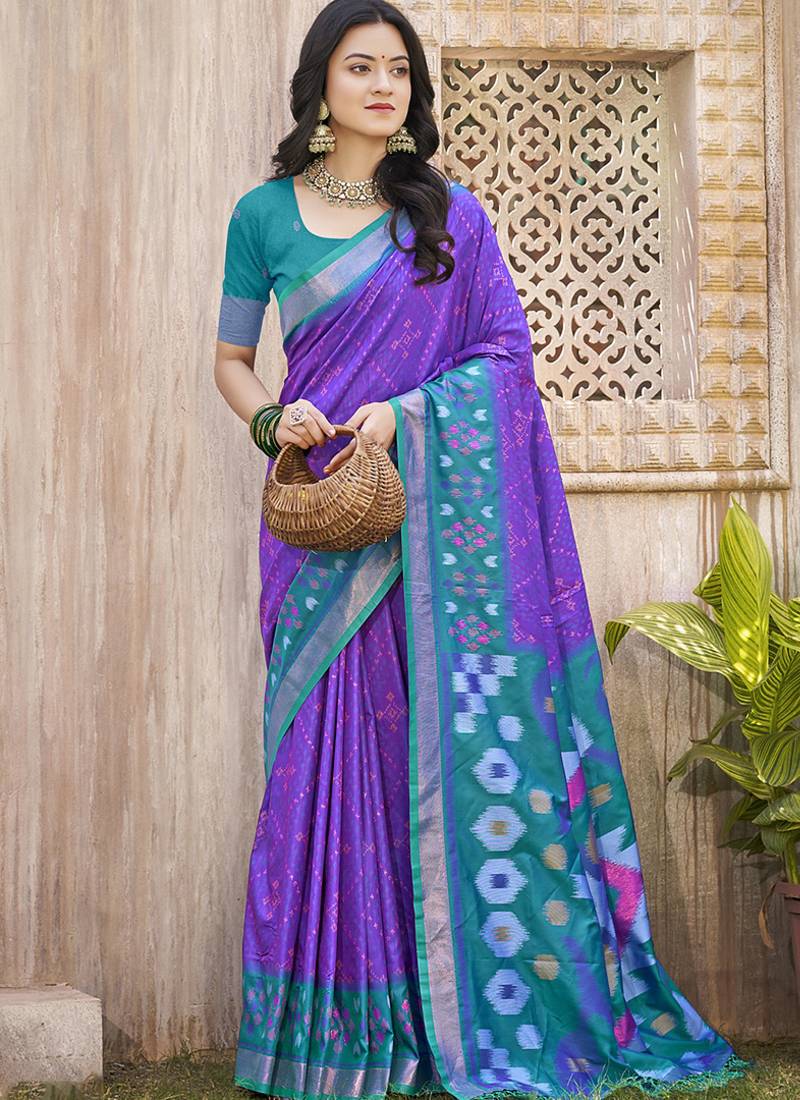 Purple & teal silk blend woven design saree with blouse piece