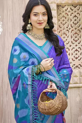 Purple & teal silk blend woven design saree with blouse piece
