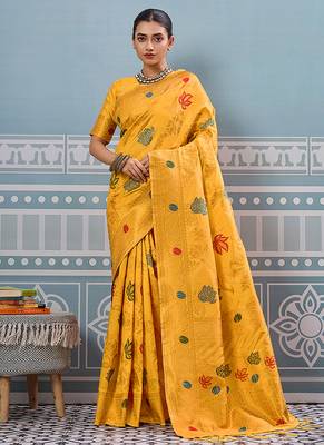 Mustard banarasi silk blend saree with gold zari floral weaving 1