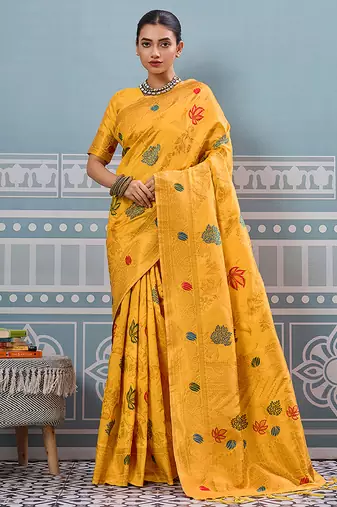 Mustard banarasi silk blend saree with gold zari floral weaving