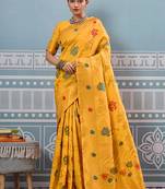Mustard banarasi silk blend saree with gold zari floral weaving